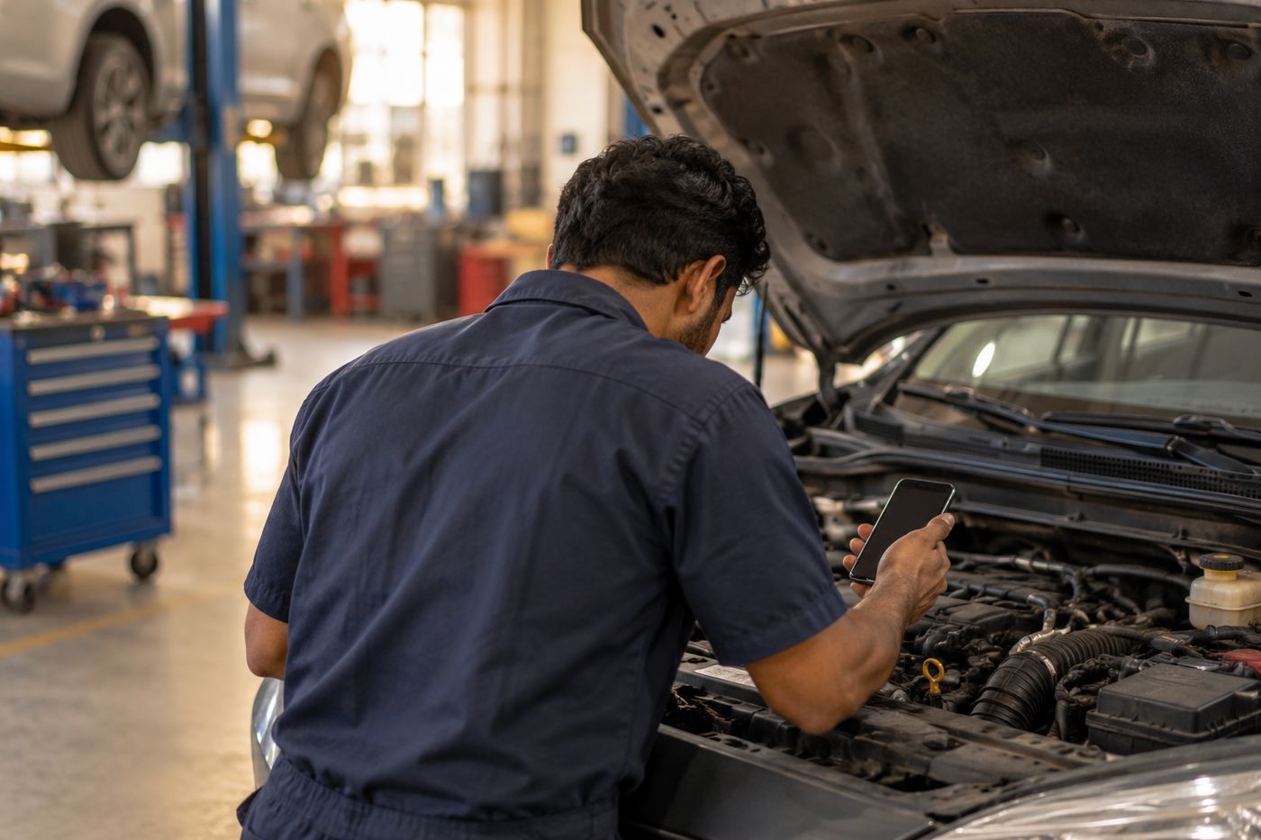 Mechanic at an open bonnet